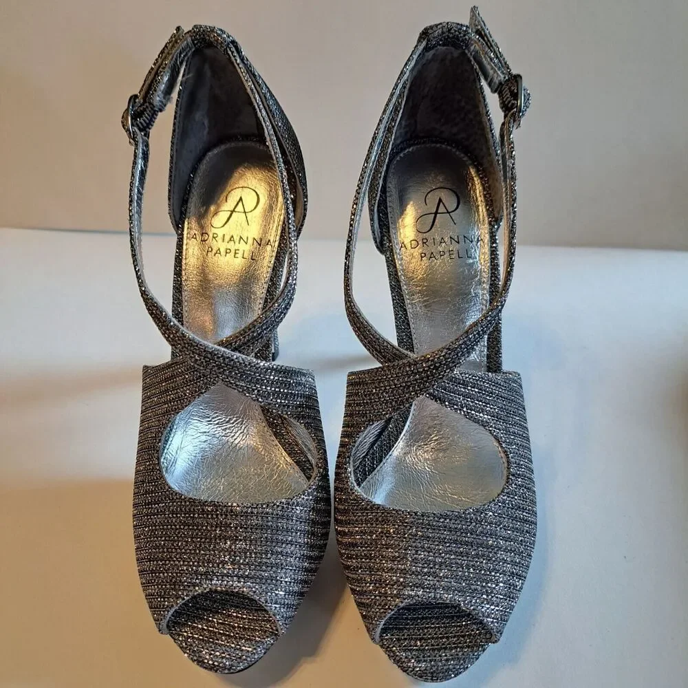 Adrianna Papell Rosalie Pewter Lancelot High Heels Pumps Open Toe Glittery 5.5M